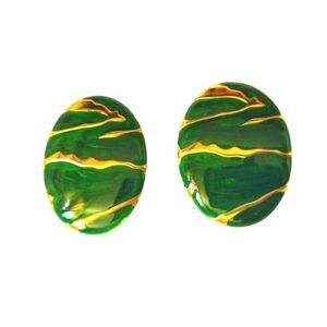 Vintage Retro Oval Green Enamel Yellow Gold Plated Stud Earrings Clip On